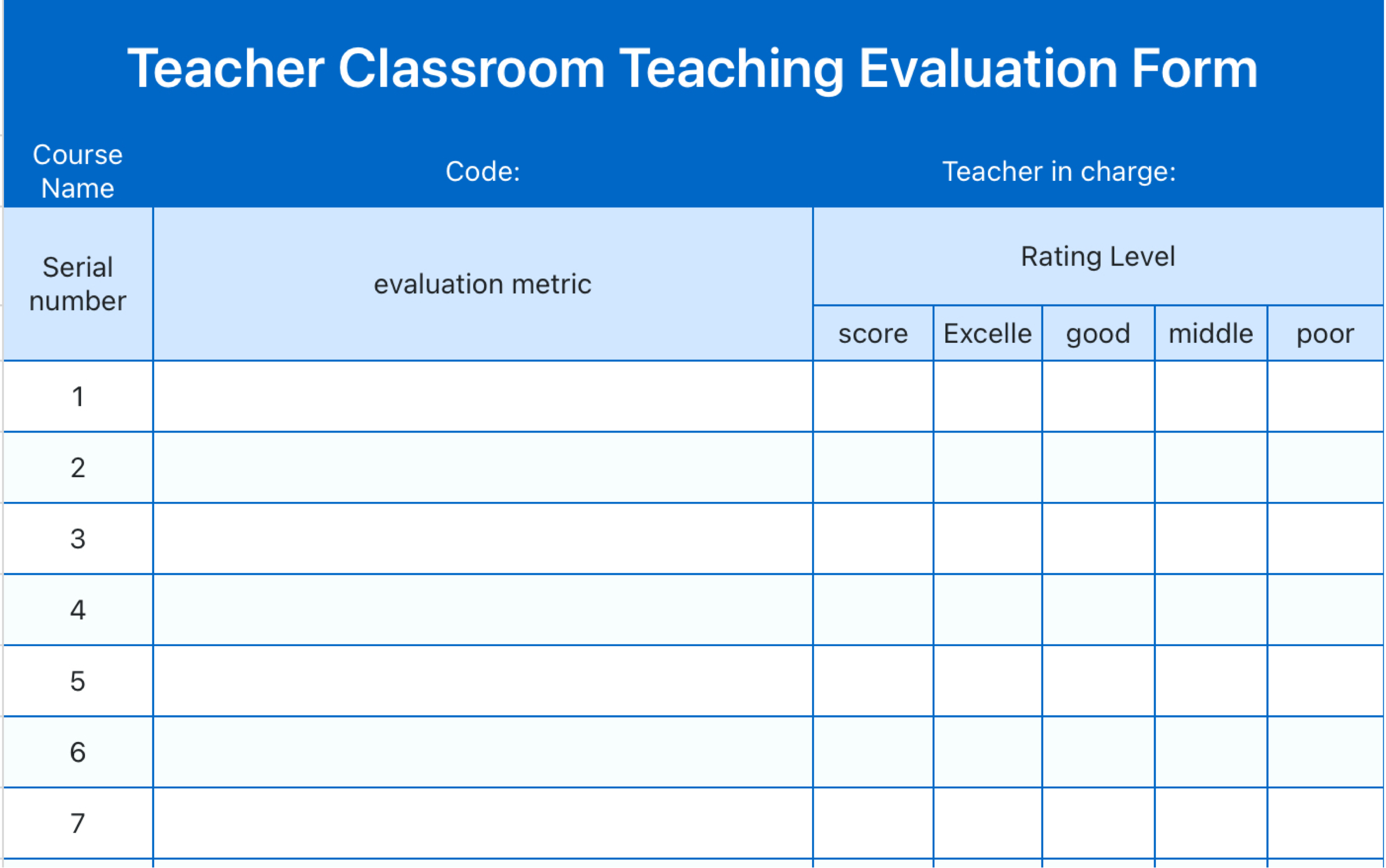 Teacher Classroom Teaching Evaluation Form